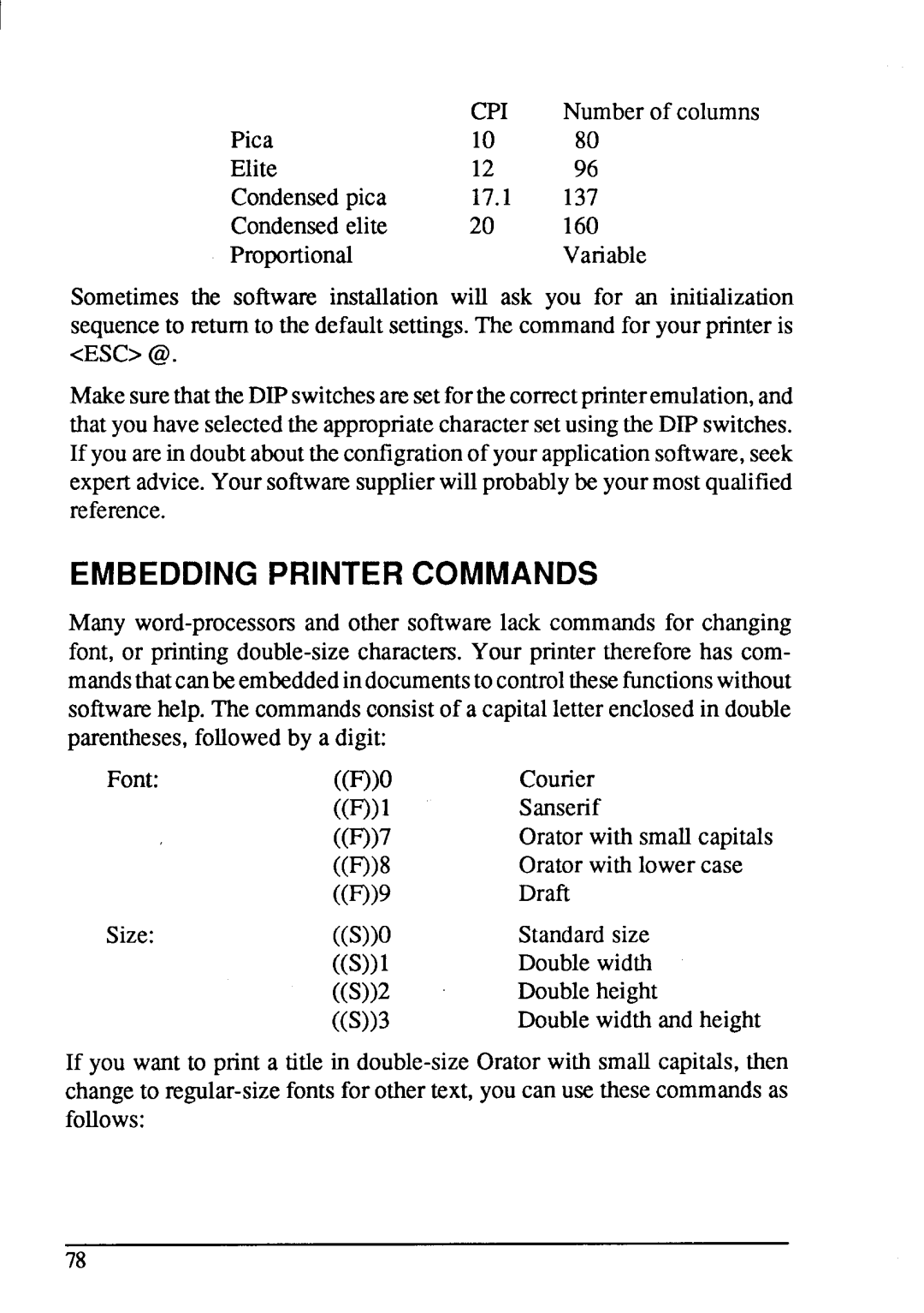 Star Micronics LC-20 user manual Embedding Printer Commands, Cpi 