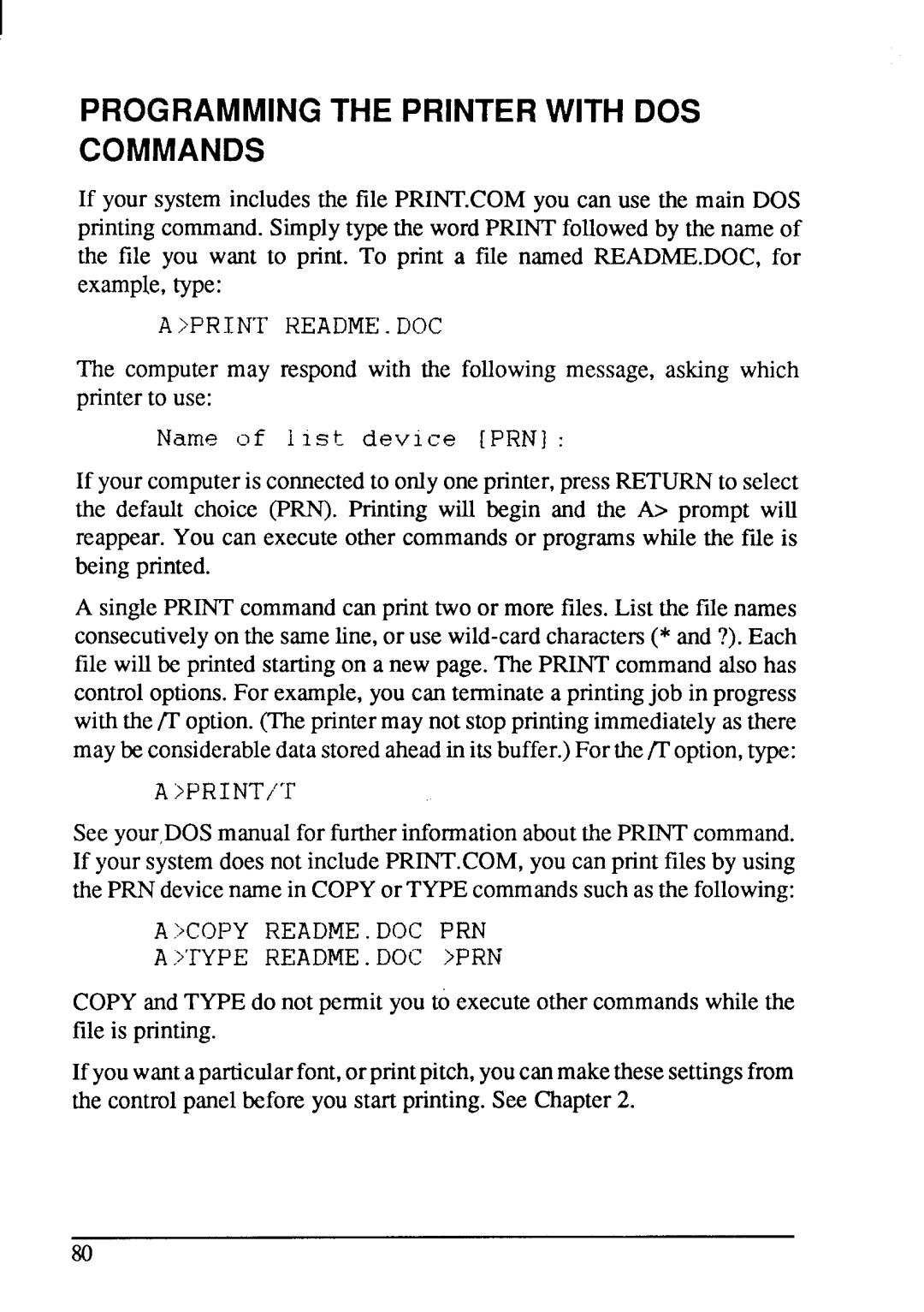 Star Micronics LC-20 user manual Programming the Printer with DOS Commands 