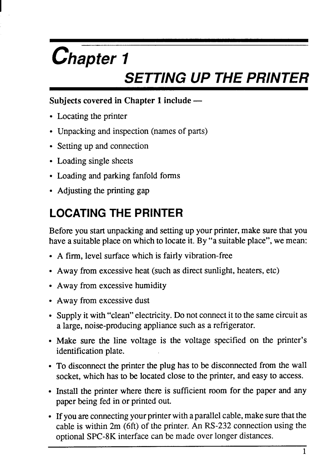 Star Micronics LC-20 user manual Chapter, Locating the Printer 