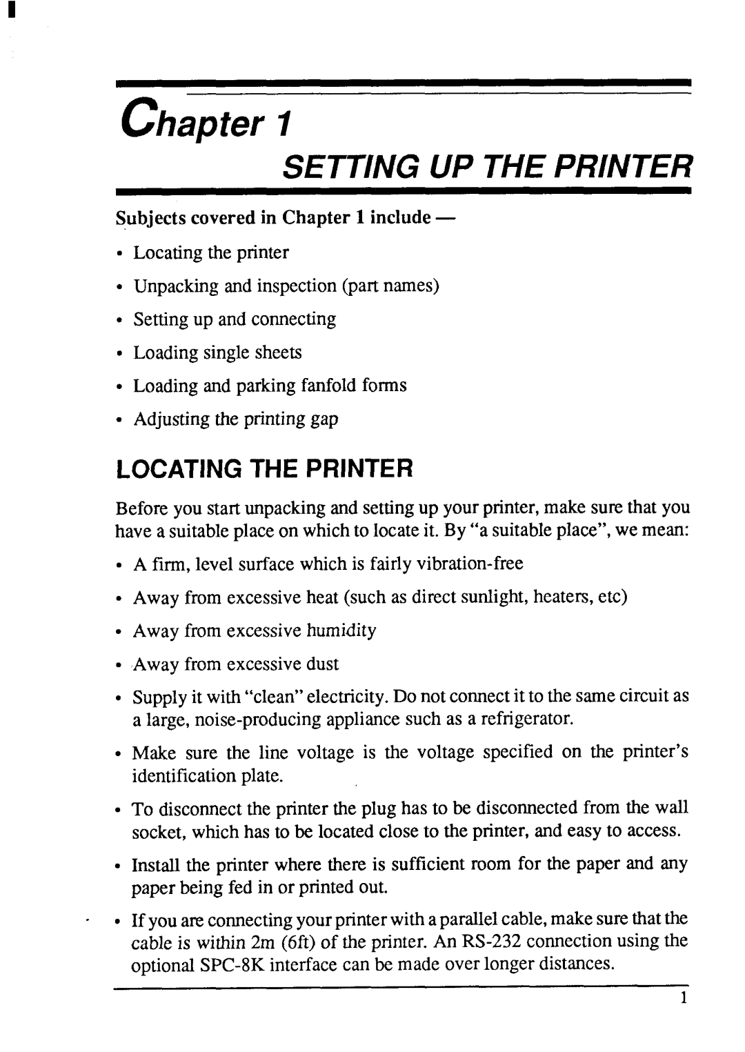 Star Micronics LC-200 user manual Chapter, Locating the Printer 