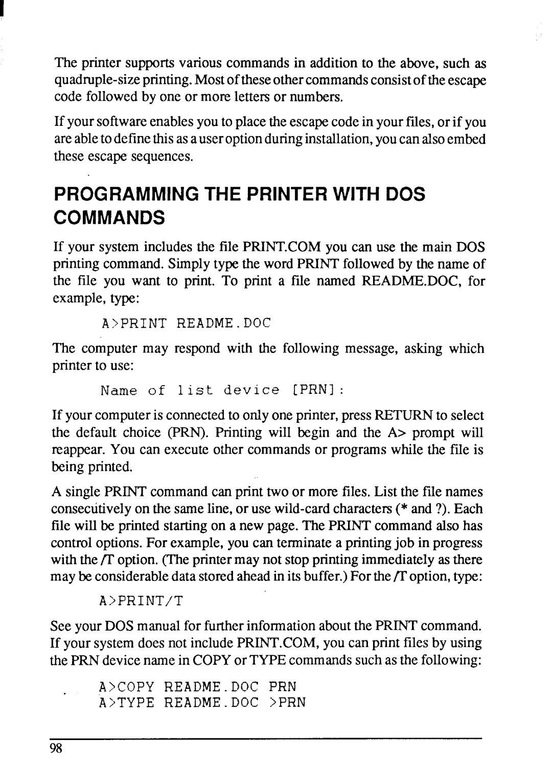 Star Micronics LC-200 user manual Programming the Printer with DOS Commands 