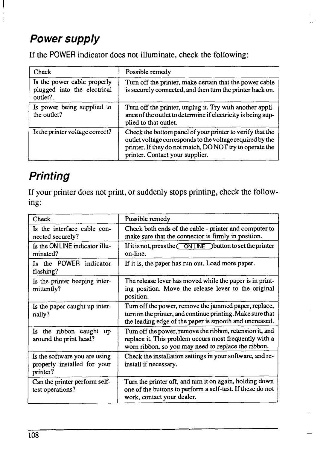 Star Micronics LC-200 user manual Powersupply, Printing 