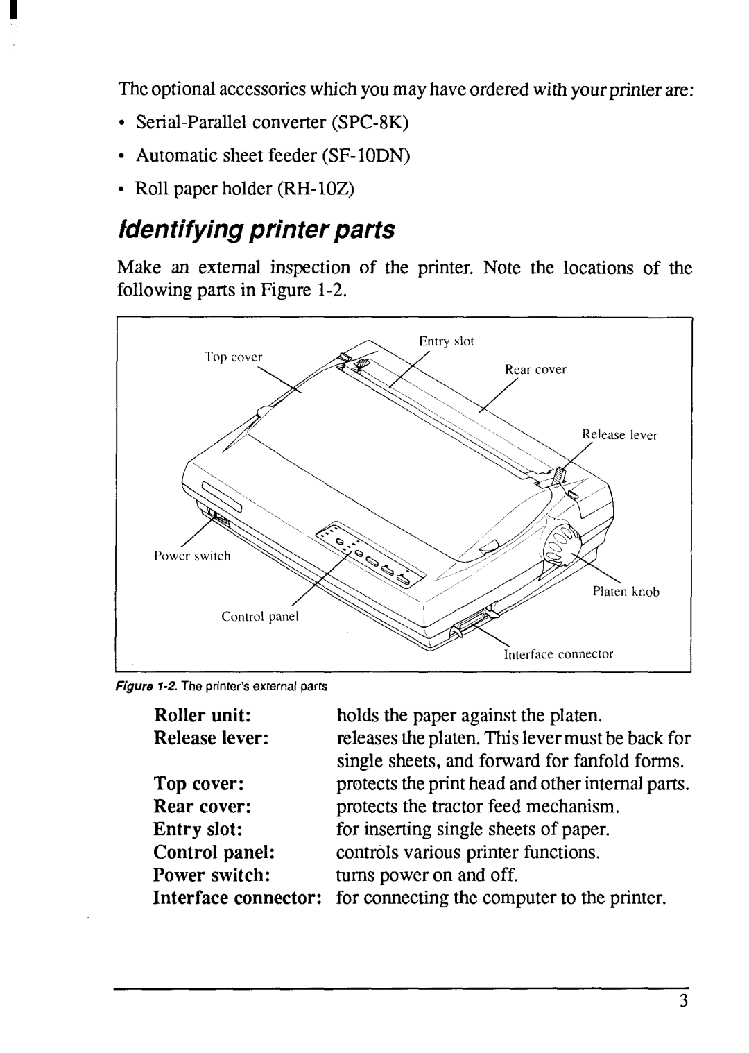 Star Micronics LC-200 user manual Identifyingprinterparts, Printer’s external parts 