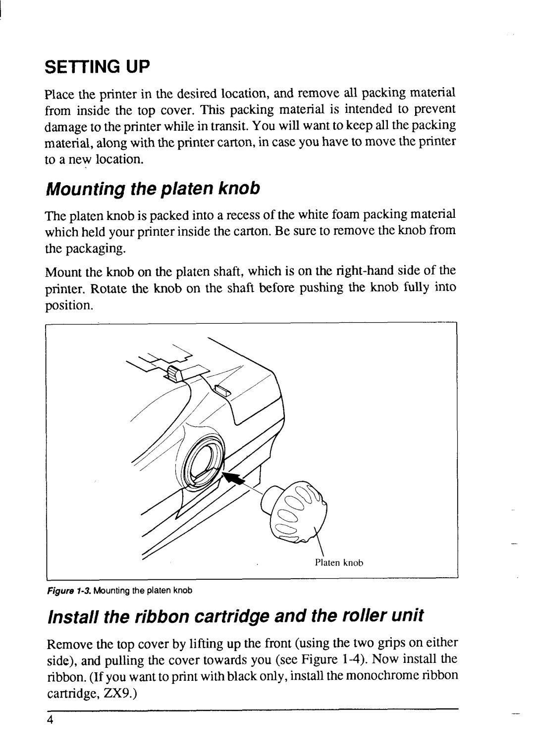 Star Micronics LC-200 user manual Mountingtheplaten knob, Install the ribboncartridgeand the roller unit, Seiting UP 