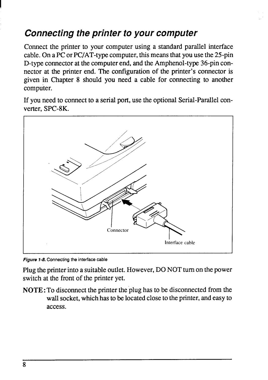 Star Micronics LC-200 user manual Connectingtheprinter to your computer, Connecting the interface cable 