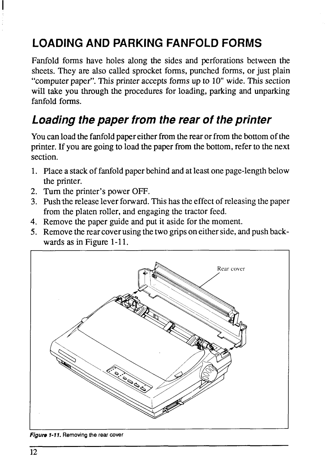 Star Micronics LC-200 user manual Loadingthepaper from the rear of theprinter, Loading and Parking Fanfold Forms 