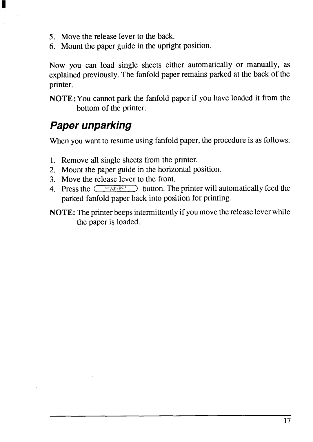 Star Micronics LC-200 user manual Paper unparking 