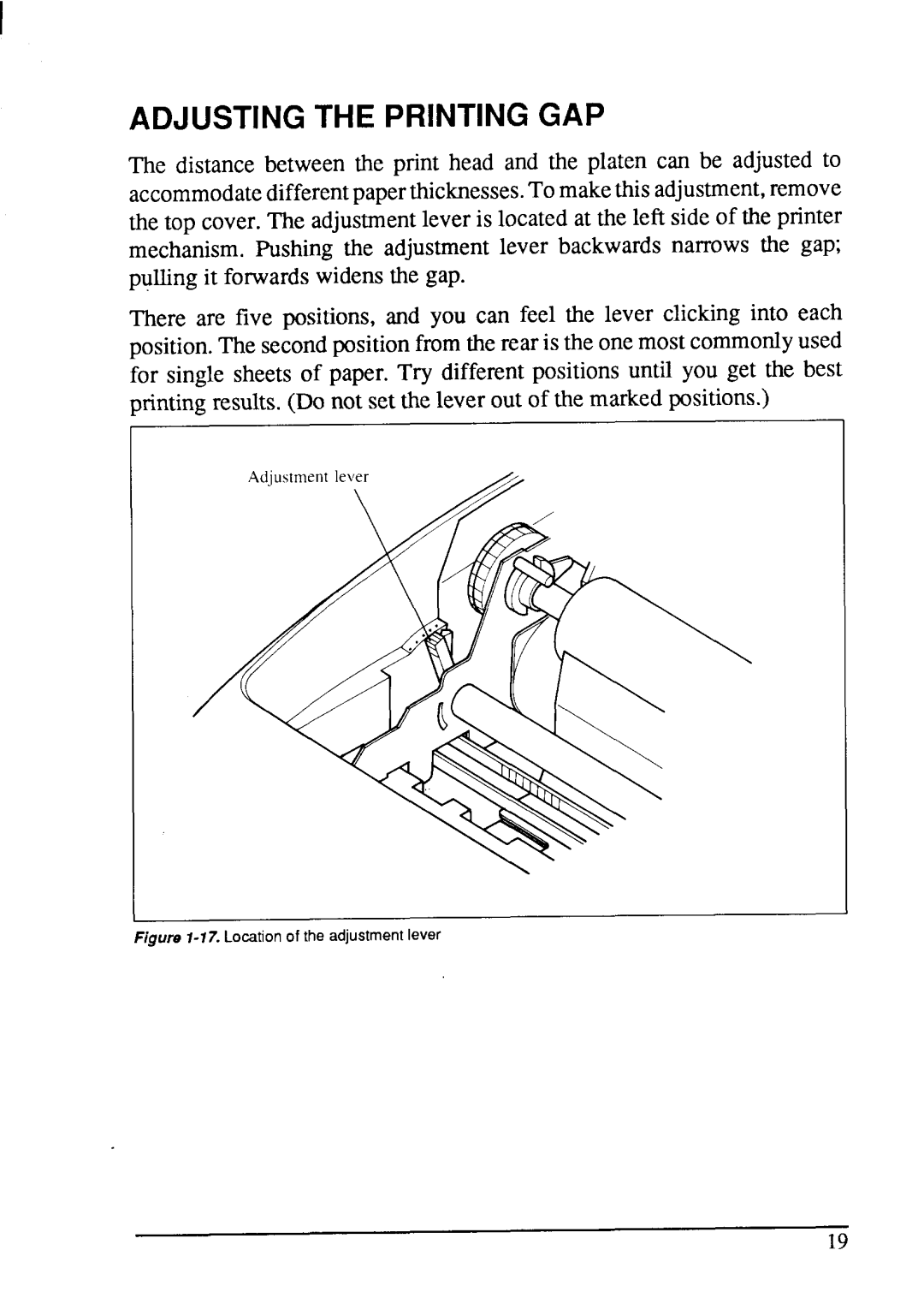 Star Micronics LC-200 user manual Adjusting the Printing GAP, Location of the adjustment lever 