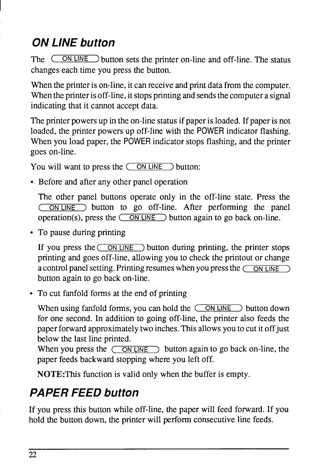 Star Micronics LC-200 user manual Online button, Paperfeed button 