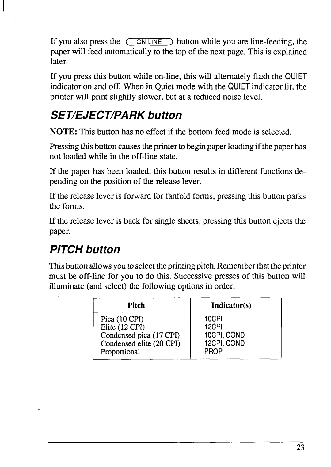 Star Micronics LC-200 user manual SET/EJECT/PARKbutton, Pitch button 
