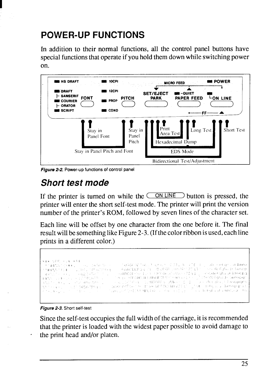 Star Micronics LC-200 user manual Short test mode, POWER-UP Functions 