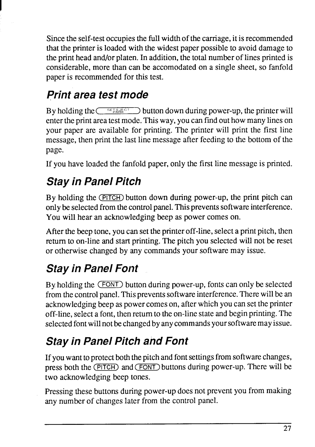 Star Micronics LC-200 user manual Print area test mode, Stay in Panel Font, Stay in Panel Pitch and Font 