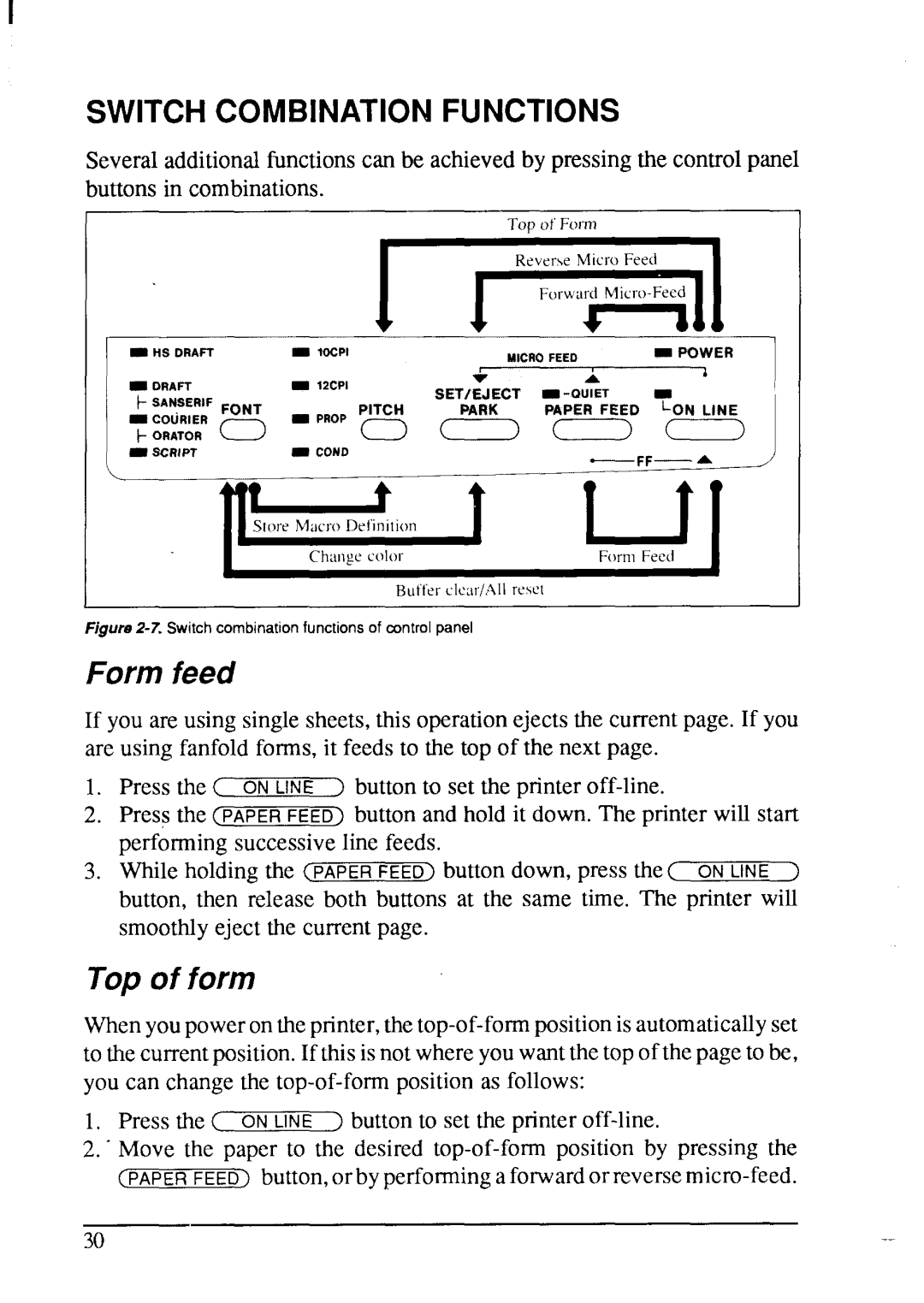 Star Micronics LC-200 user manual Form feed, Topof form, Switch Combination Functions 