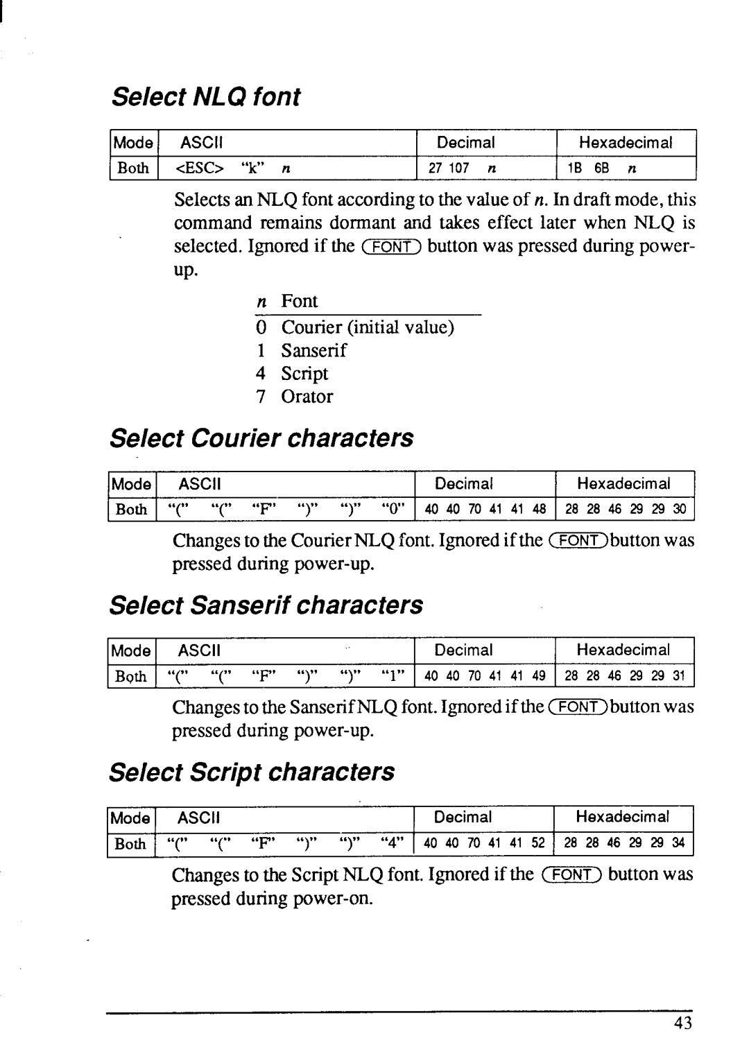 Star Micronics LC-200 Select NLQ font, Select Couriercharacters, Select Sanserlfcharacters, Select Script characters 