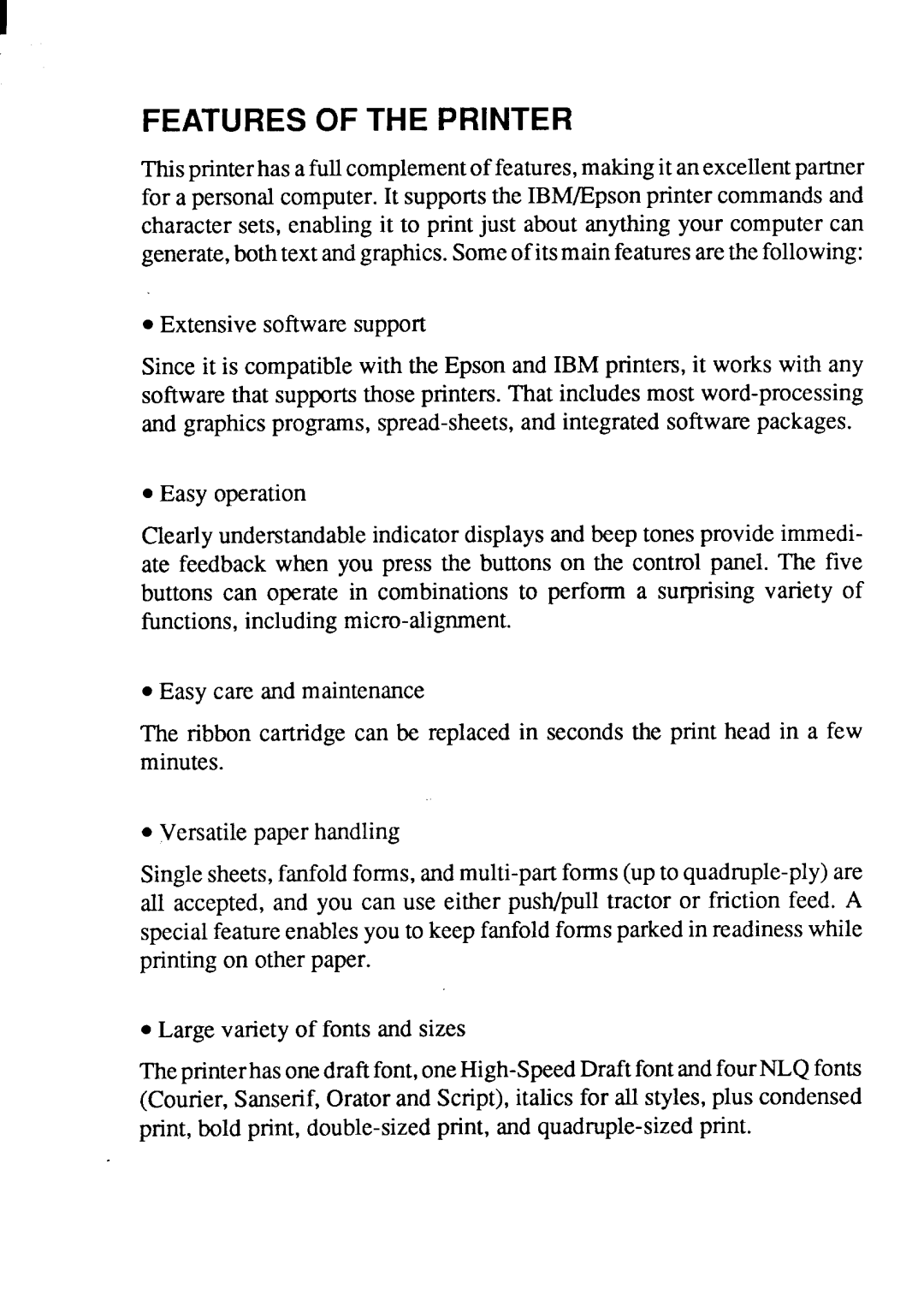 Star Micronics LC-200 user manual Features of the Printer 