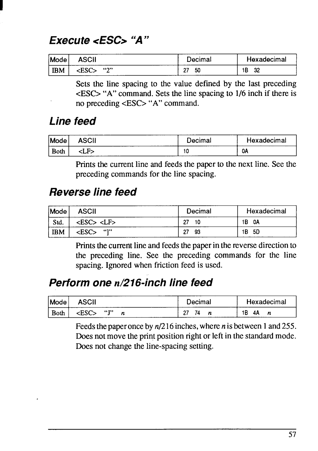 Star Micronics LC-200 user manual ExecuteESC a, Line feed, Reverseline feed, Performone n/216-inchline feed 