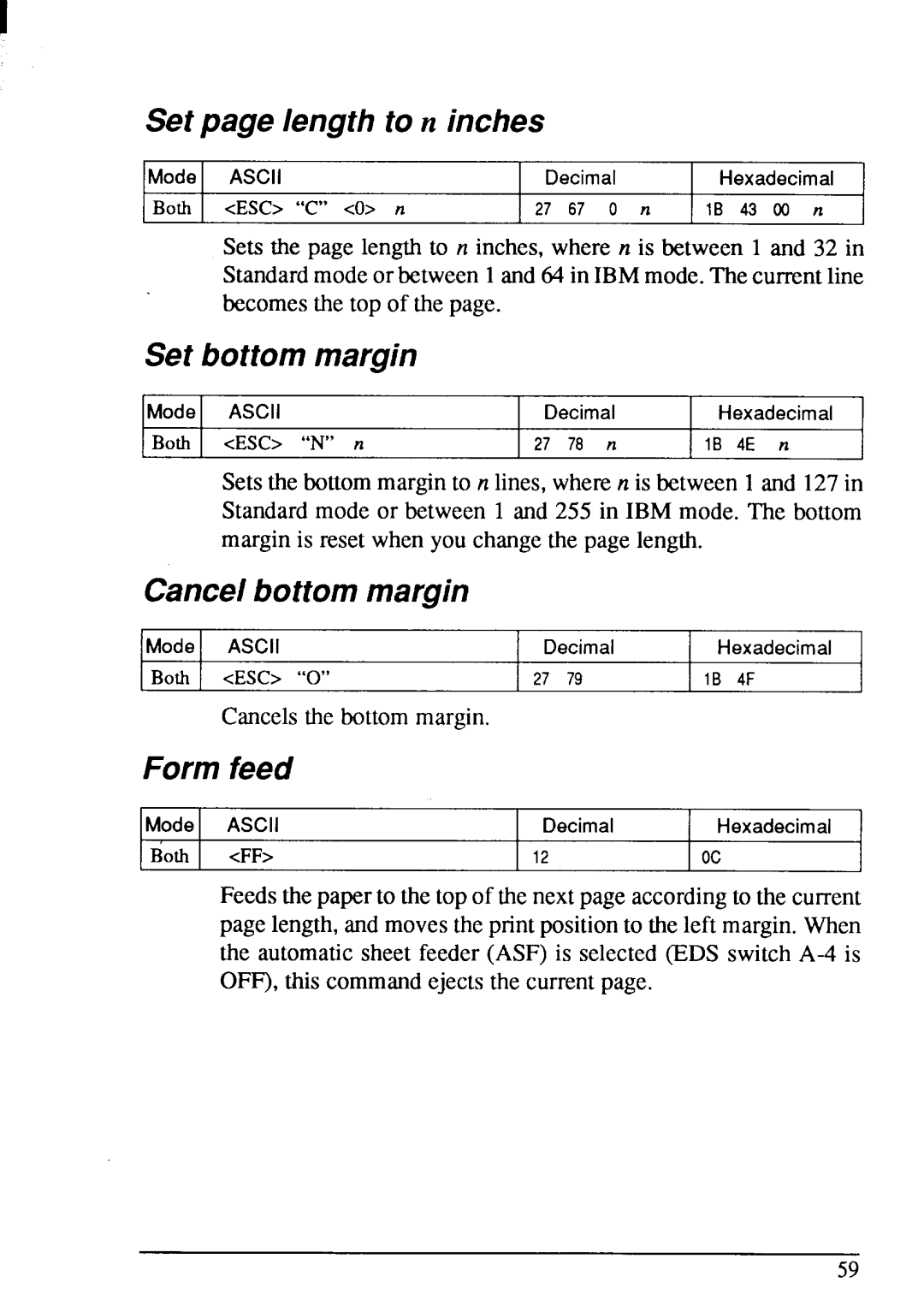 Star Micronics LC-200 user manual Set page length ton inches, Set bottommargin, Cancelbottommargin 