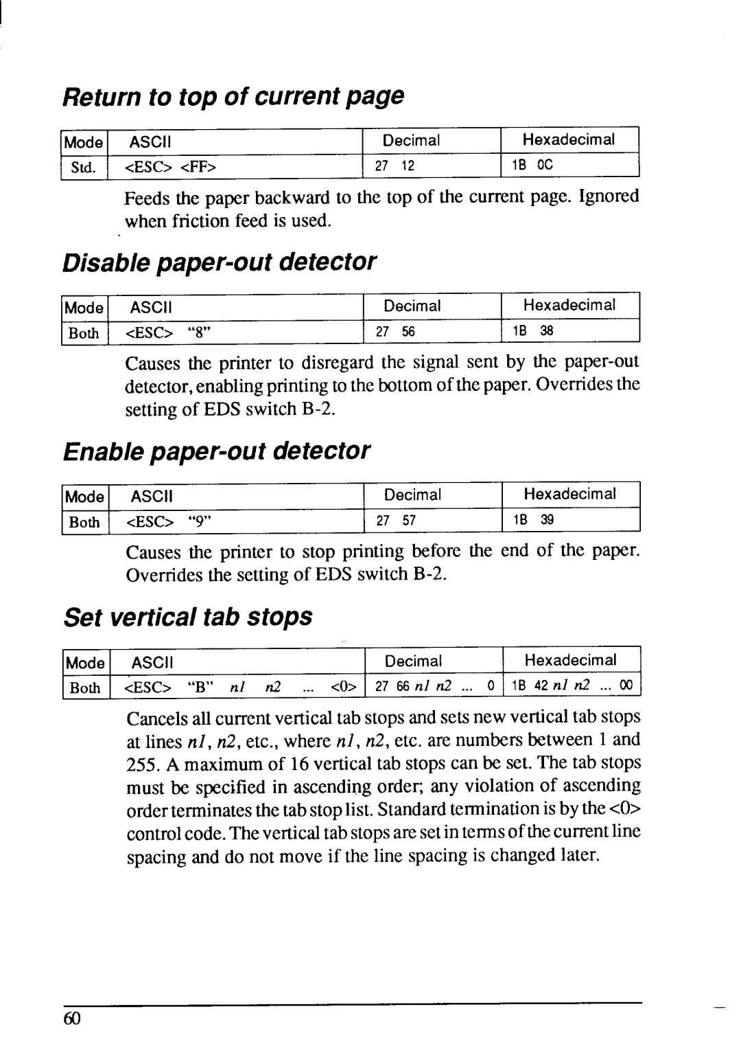 Star Micronics LC-200 user manual Returnto top of currentpage, Disablepaper-outdetector, Enablepaper-outdetector, Escff 