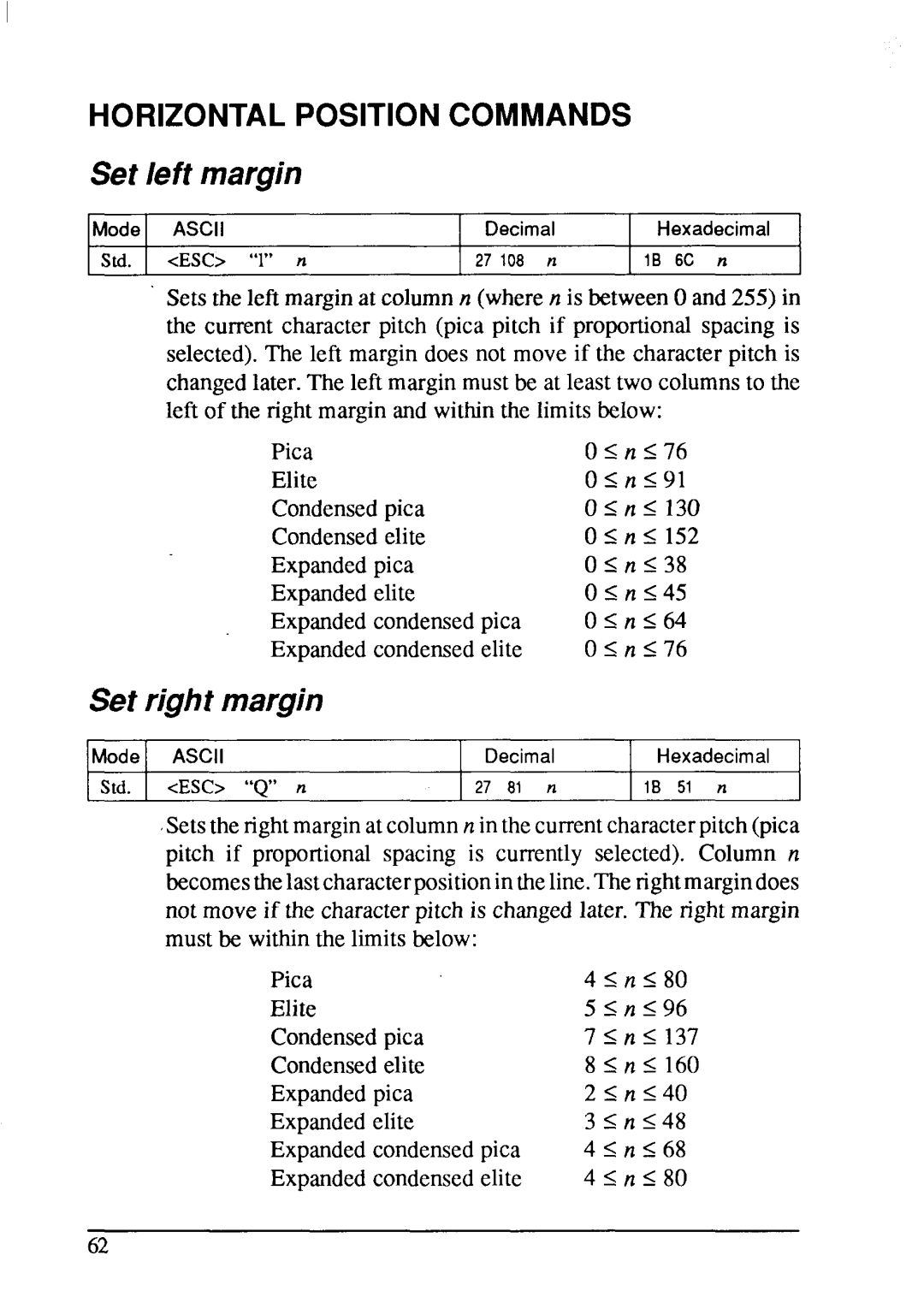 Star Micronics LC-200 user manual Set left margin, Set right margin, Horizontal Position Commands 