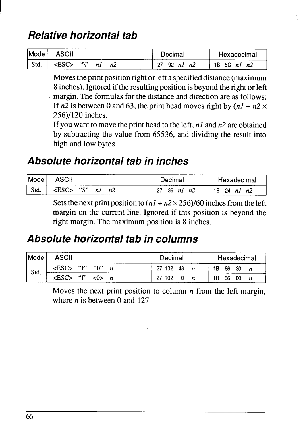 Star Micronics LC-200 user manual Relativehorizontal, Absolutehorizontaltab in inches, Absolutehorizontaltab in columns 