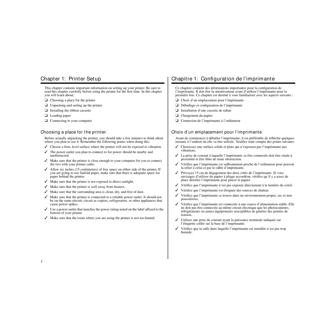 Star Micronics LC-240C user manual Printer Setup, Chapitre 1 Conﬁguration de l’imprimante, Choosing a place for the printer 