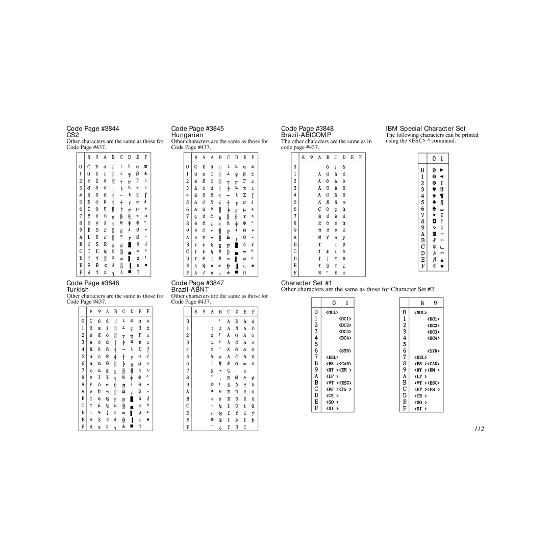 Star Micronics LC-240 Code Page #3844 Code Page #3845 Code Page #3848, Hungarian Brazil-ABICOMP, IBM Special Character Set 