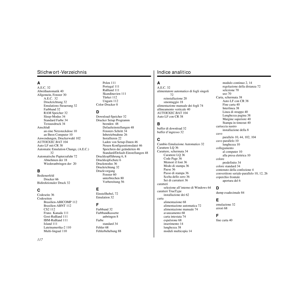 Star Micronics LC-240C user manual Stichwort-Verzeichnis Indice analitico, 117 