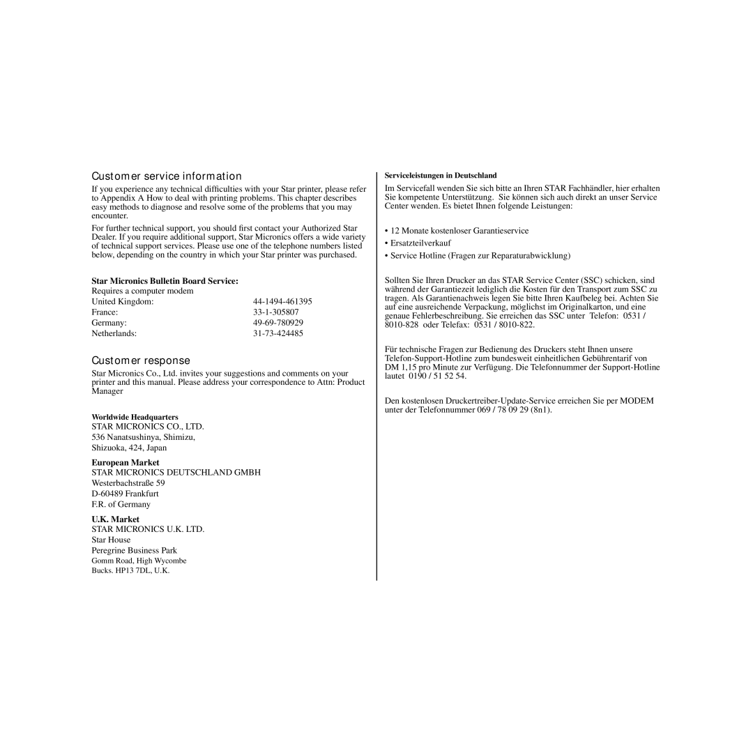 Star Micronics LC-240C user manual Customer service information 