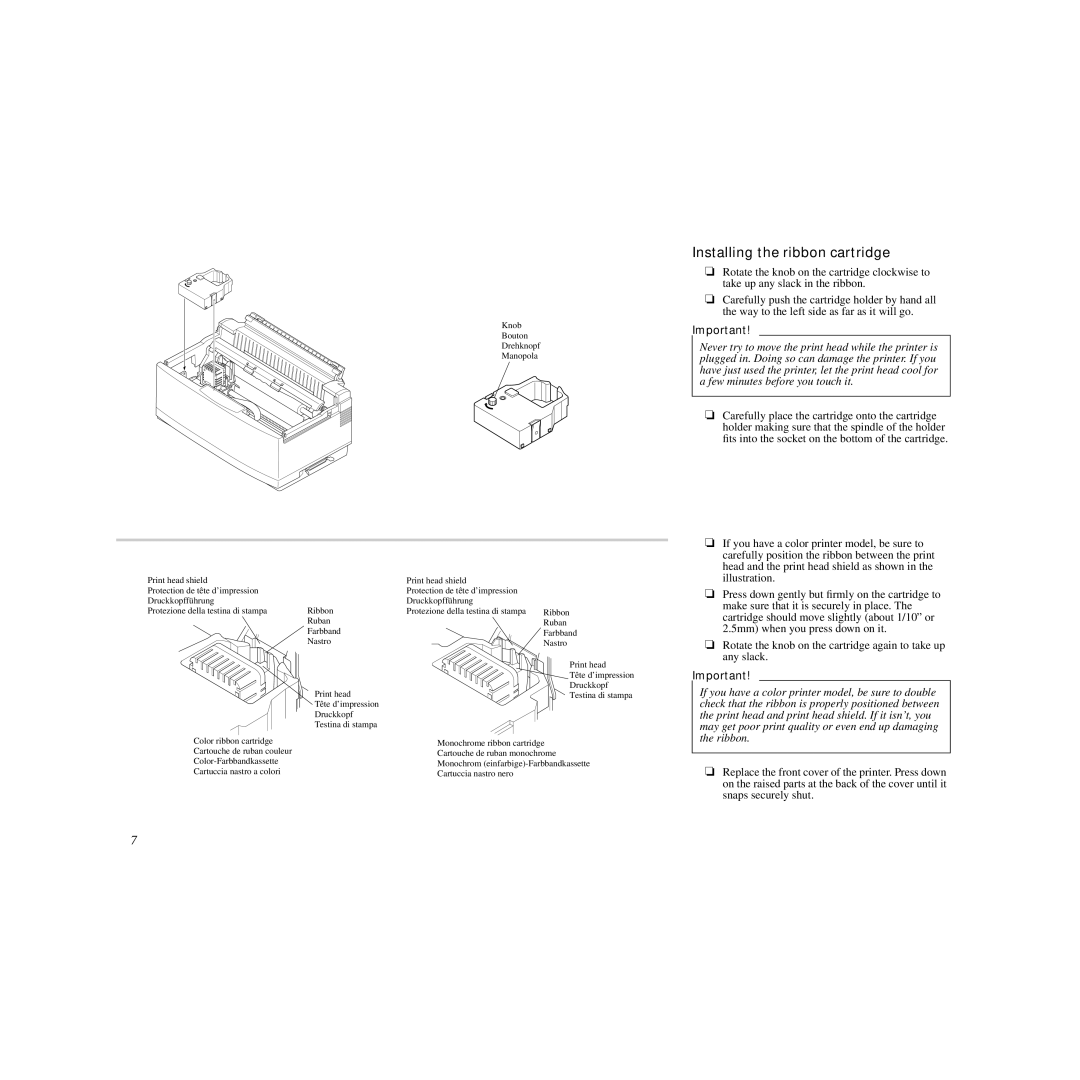 Star Micronics LC-240C user manual Installing the ribbon cartridge 