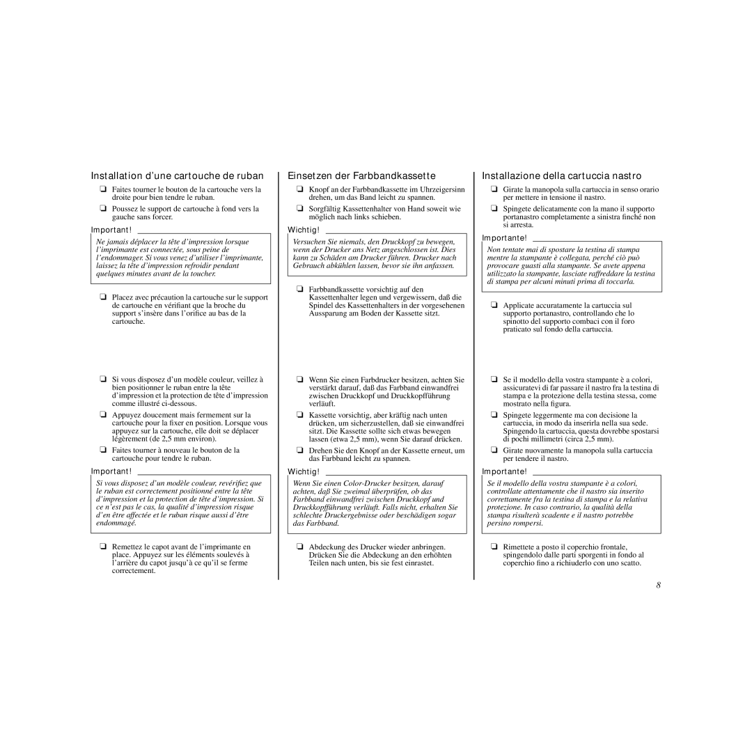 Star Micronics LC-240C user manual Installation d’une cartouche de ruban, Einsetzen der Farbbandkassette 