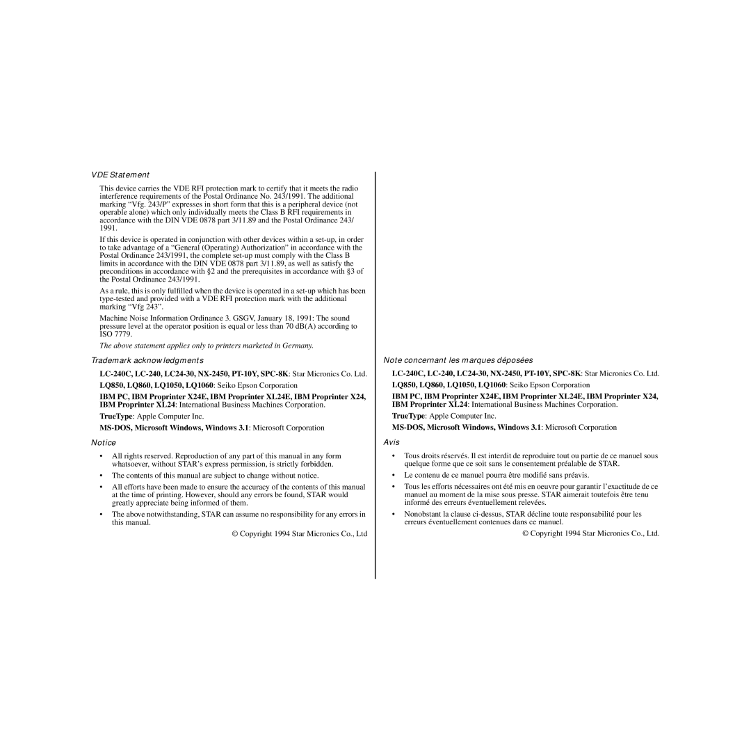 Star Micronics LC-240C user manual VDE Statement 