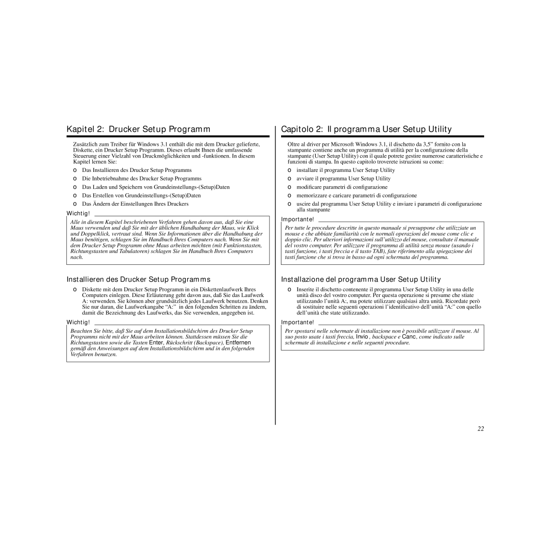 Star Micronics LC-240C user manual Kapitel 2 Drucker Setup Programm, Capitolo 2 Il programma User Setup Utility 