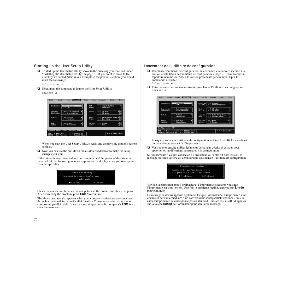 Star Micronics LC-240C user manual Starting up the User Setup Utility, Lancement de l’utilitaire de conﬁguration 