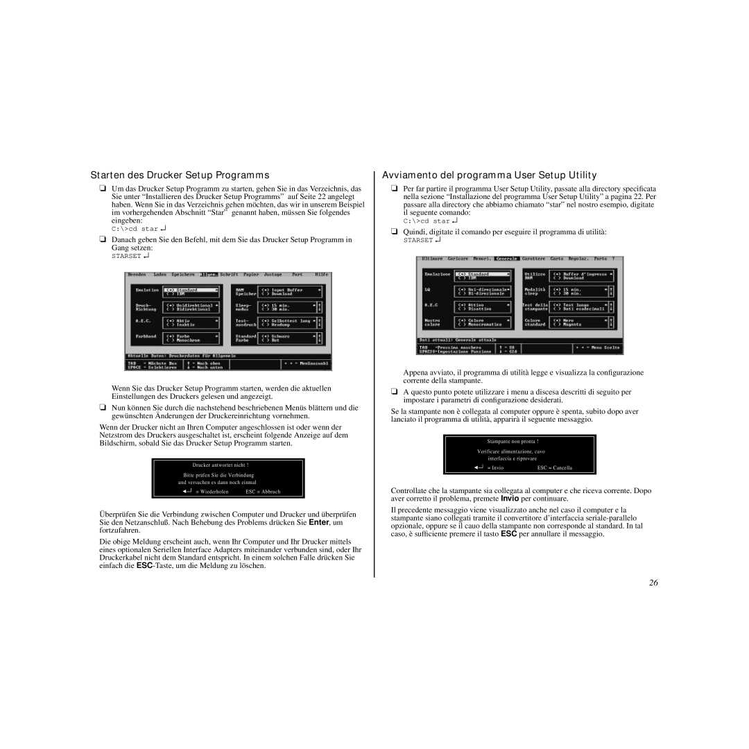 Star Micronics LC-240C user manual Starten des Drucker Setup Programms, Avviamento del programma User Setup Utility 