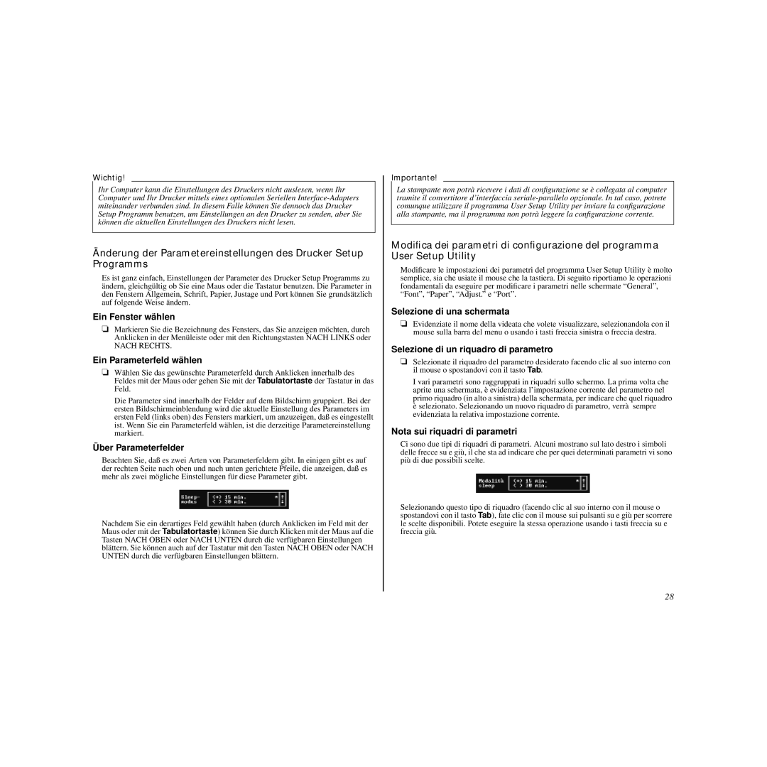 Star Micronics LC-240 Ein Fenster wählen, Ein Parameterfeld wählen, Über Parameterfelder, Selezione di una schermata 