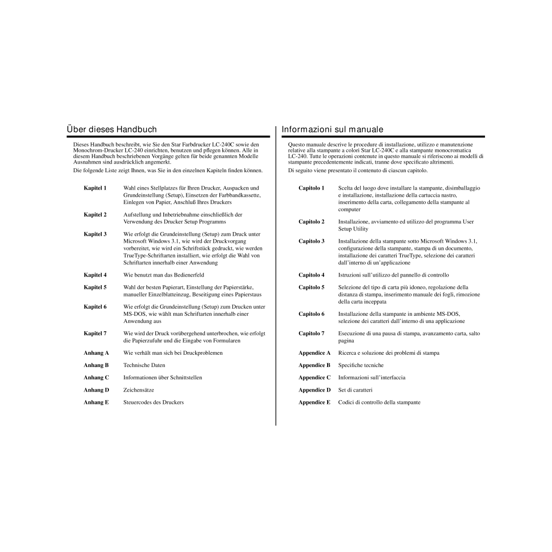 Star Micronics LC-240C user manual Über dieses Handbuch, Informazioni sul manuale 