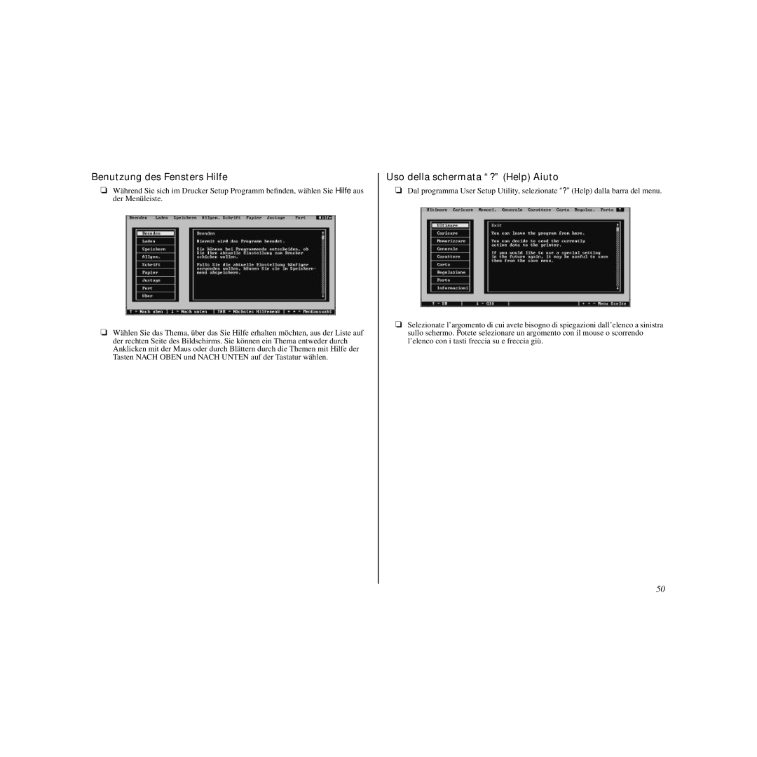 Star Micronics LC-240C user manual Benutzung des Fensters Hilfe, Uso della schermata ? Help Aiuto 