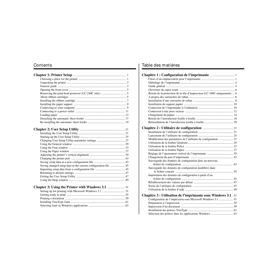 Star Micronics LC-240C user manual Contents, Table des matières 