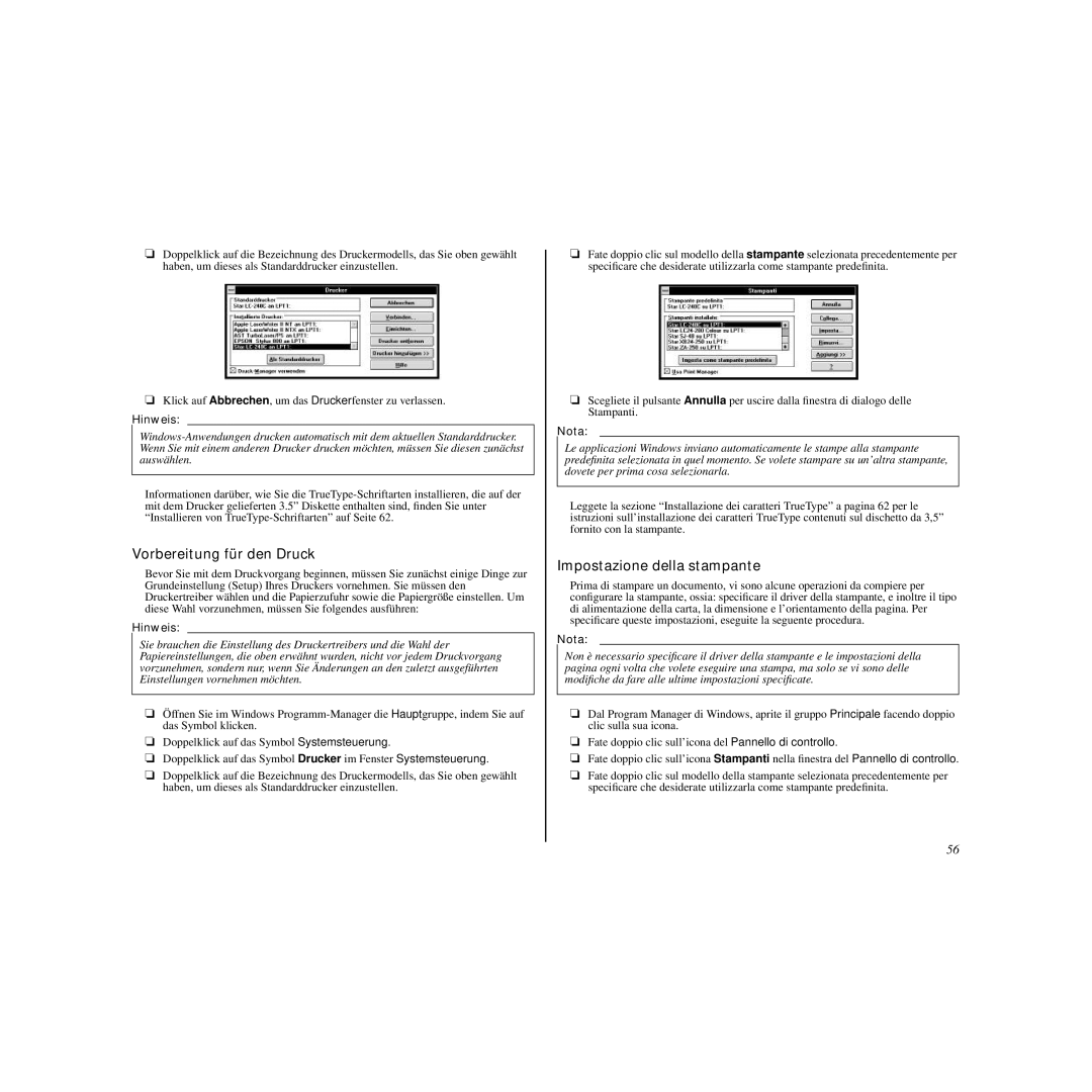 Star Micronics LC-240C user manual Vorbereitung für den Druck, Impostazione della stampante 