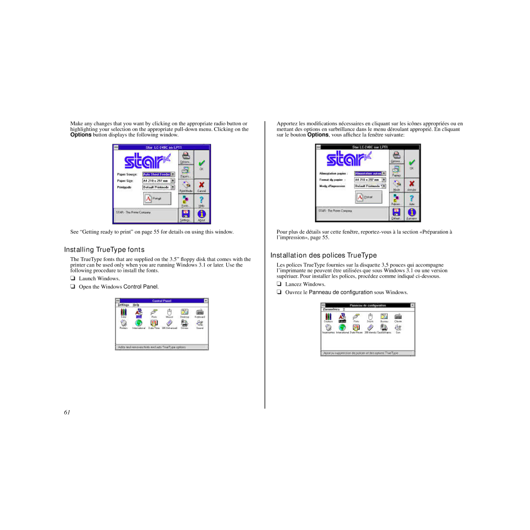 Star Micronics LC-240C user manual Installing TrueType fonts, Installation des polices TrueType 