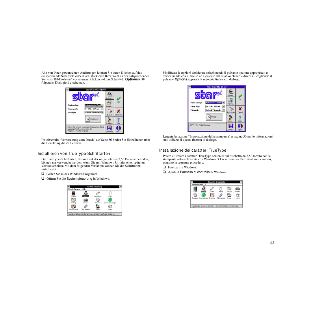 Star Micronics LC-240C user manual Installieren von TrueType-Schriftarten, Installazione dei caratteri TrueType 