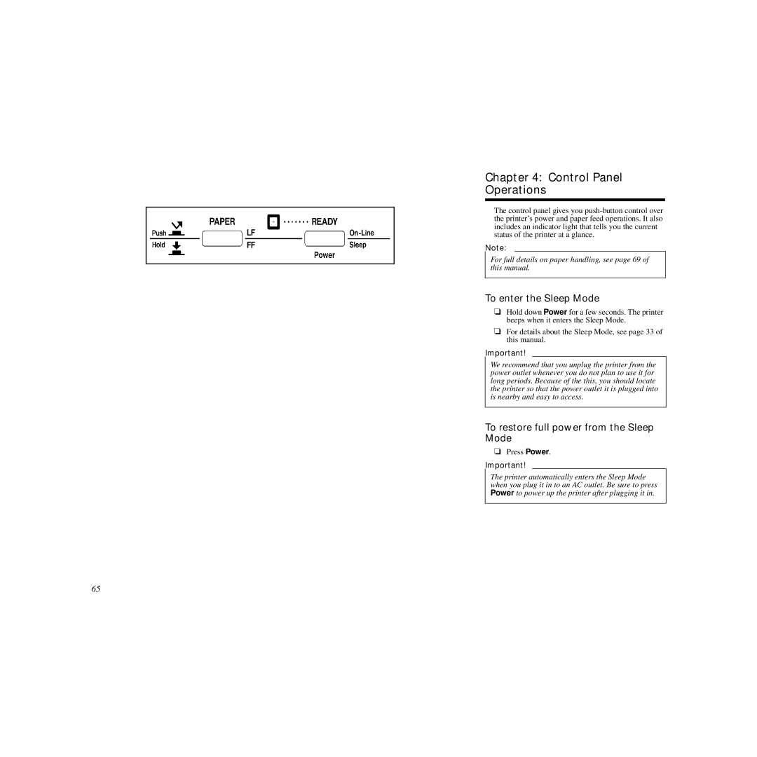 Star Micronics LC-240C Control Panel Operations, To enter the Sleep Mode, To restore full power from the Sleep Mode 