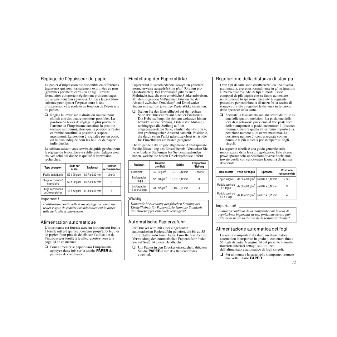 Star Micronics LC-240C Réglage de l’épaisseur du papier, Alimentation automatique, Einstellung der Papierstärke 