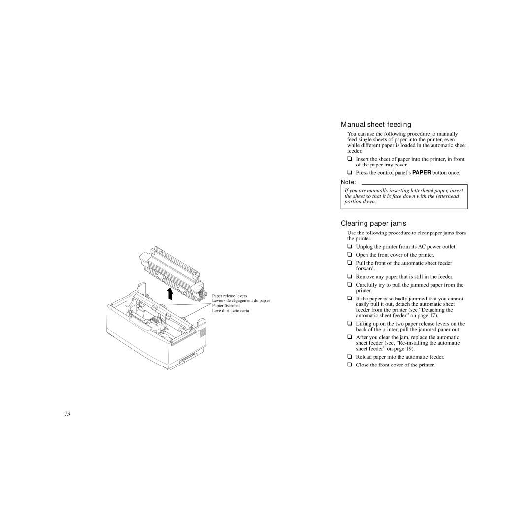 Star Micronics LC-240C user manual Manual sheet feeding, Clearing paper jams 