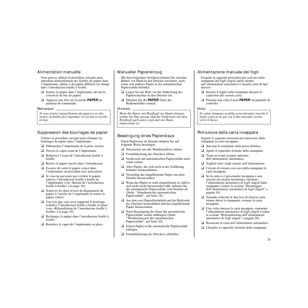 Star Micronics LC-240C user manual Alimentation manuelle, Suppression des bourrages de papier, Manueller Papiereinzug 