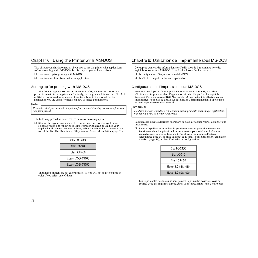 Star Micronics LC-240C user manual Using the Printer with MS-DOS, Chapitre 6 Utilisation de l’imprimante sous MS-DOS 