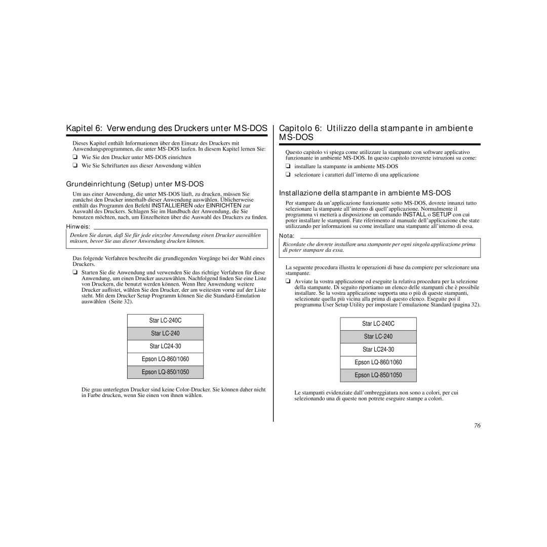 Star Micronics LC-240 Kapitel 6 Verwendung des Druckers unter MS-DOS, Capitolo 6 Utilizzo della stampante in ambiente 