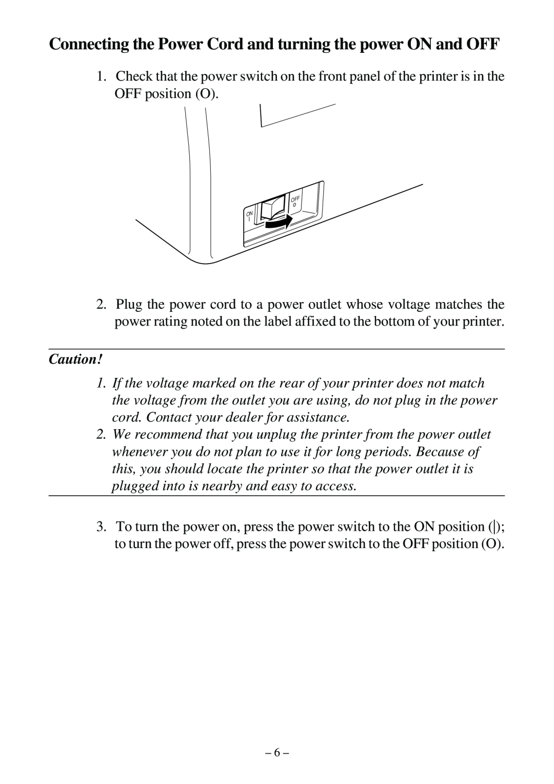 Star Micronics LC-500 user manual Connecting the Power Cord and turning the power ON and OFF 