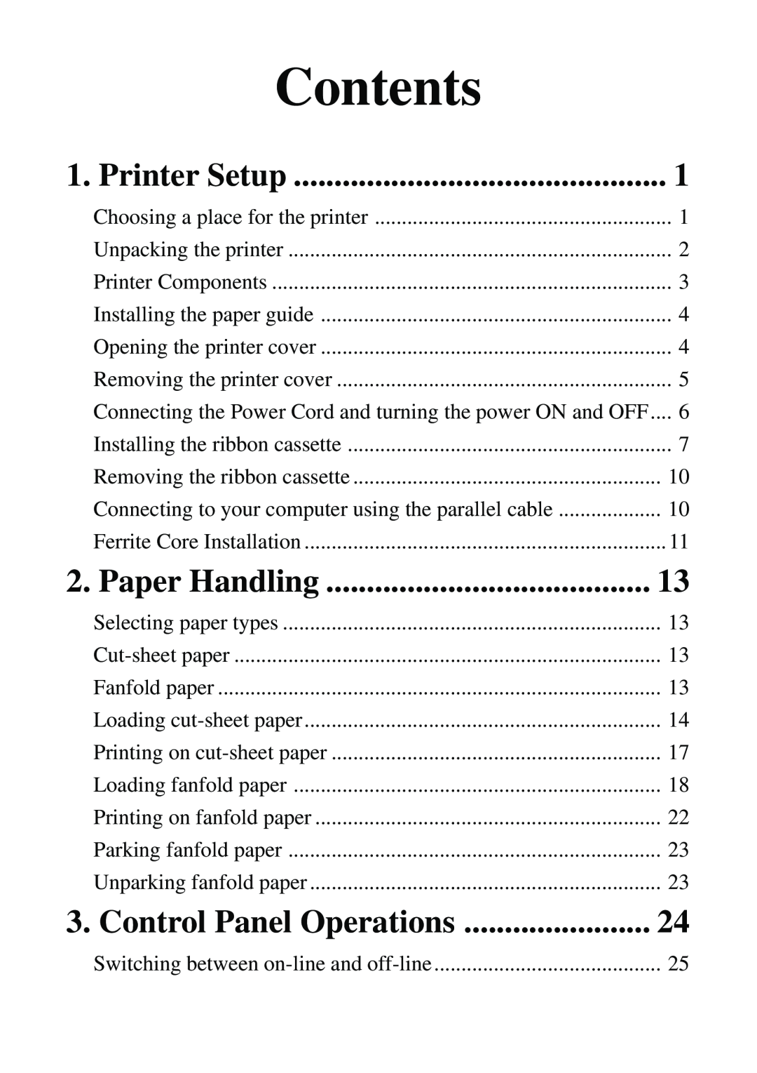 Star Micronics LC-500 user manual Paper Handling, Control Panel Operations, Contents, Printer Setup 