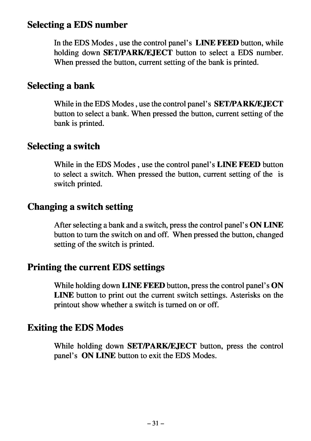 Star Micronics LC-500 user manual Selecting a EDS number, Selecting a bank, Selecting a switch, Changing a switch setting 
